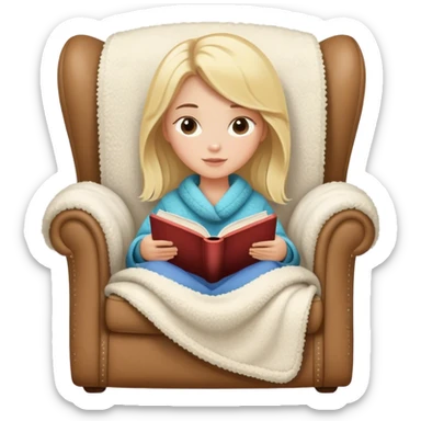 pretty blonde model reading a book in a cozy sherpa armchair with a blanket sticker
