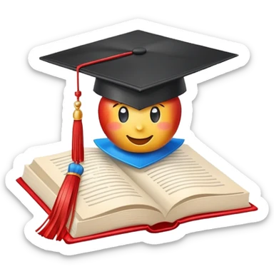 Apple emoji style graduation cap with a blue tassel, floating above an open book, clean background, cheerful sticker