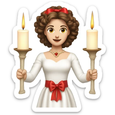brown haired women with white gown red silk bow belt and spur head wreath with white candles on top of it sticker