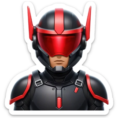 A futuristic man bounty hunter in sleek black armor, glowing red visor in the dark sticker