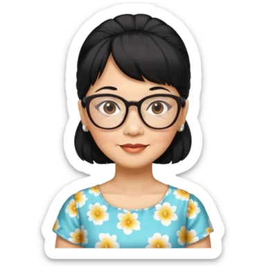 filipino woman black hair in one pony tail with straight bangs and big glasses, 60 yr old, nice dress

 sticker