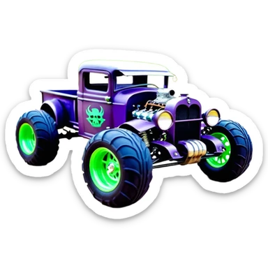 1:10 off-road pot-smoking rusting Basher style 1927 blackened tarnished hotrod rat rod streamlined anime vampire ghostly-glowing Dodge zombie infected extended-cab rc bulging monster pickup (extra wide low-profile pin tires chrome wheels with fenders) sticker