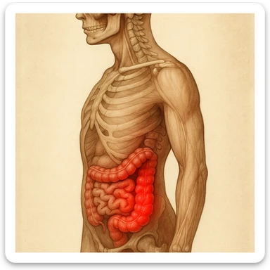 realistic anatomical illustration of human body with inflamed intestine, side view, detailed anatomy, inflammation highlighted in red, natural colors, vertical 9:16 format sticker
