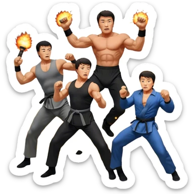 Collage of Arnold Schwarzenegger, Sylvester Stallone and Jackie Chan in intense action poses, surrounded by explosions, martial arts moves, weapons. The design should capture the high energy and heroism of classic action films. Transparent background. sticker