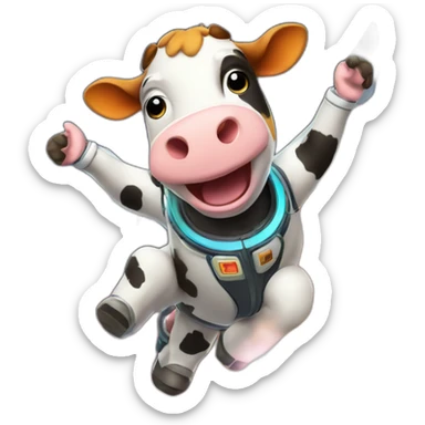 cow flying to space while wearing a jetpack that is emitting flames sticker