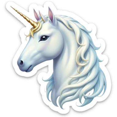 Beautiful and Majestic White Unicorn Portrait Emoji, Head and body exuding serene brilliance with a luminous, flowing mane and a gracefully spiraled horn, eyes gently closed in peaceful reverie, Simplified yet exquisitely enchanting features, highly detailed, glowing with a soft, celestial light, high shine, serene and utterly majestic, stylized with an air of timeless fantasy, soft glowing outline, capturing the essence of a beautiful and majestic white unicorn that embodies the pure magic of legend! sticker