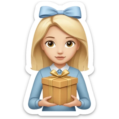 сгенерируй светловолосую девушку, держащую светло-коричневую подарочную коробку с бантиком sticker
