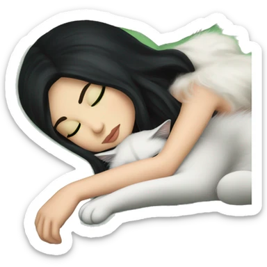 A pretty white girl with very long black hair and green eyes sleeping curled up to a cat  sticker