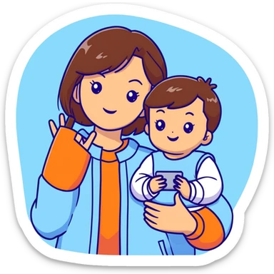 brunette girl with brown hair wearing pastel blue clothes holding a baby and taking a selfie sticker