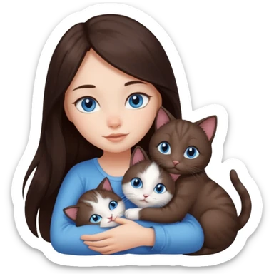 a pretty girl with long dark 
brown hair, with blue eyes, hugs 3 different natural coloured small cats sticker