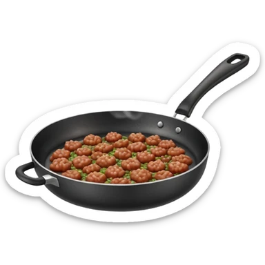 A 3D cartoon frying pan with minced meat being cooked, slight steam, realistic texture, Memoji-style. sticker