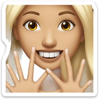 Girl with long nails smiling with index fingernail between her teeth  sticker