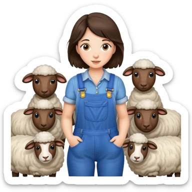brunette girl wearing overalls and farming sheep sticker