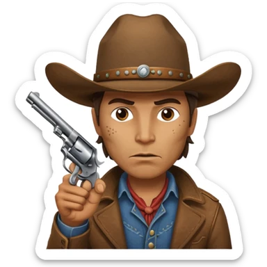 A cowboy pointing his revolver in your face  and saying, "Give me your money." sticker