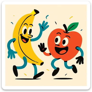 a banana and apple dancing, vibrant toon style, energetic, minimal background sticker