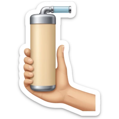 beige skin colored hand holding a cylindrical tube, no sleeves, no clothes sticker