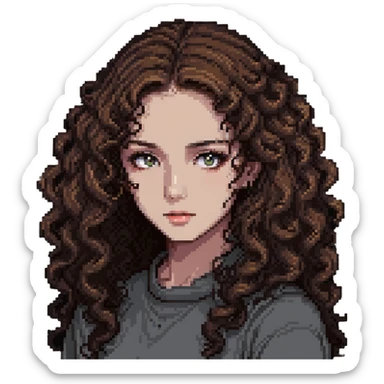 girl with longer curly hair parted on the side, dark eyes and light makeup sticker