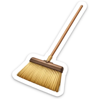 traditional broom with wooden handle cleaning dust from a carpet, straw bristles sweeping visible dust particles, vintage household cleaning tool, simple retro style, 3D cartoon, mobile game icon style, centered composition, clean background, no people, no animals, no text, no watermark sticker