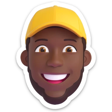 Create an individual memoji of a man with dark skin, wearing a yellow cap, smiling, in a 3D cartoon style similar to the reference image. sticker