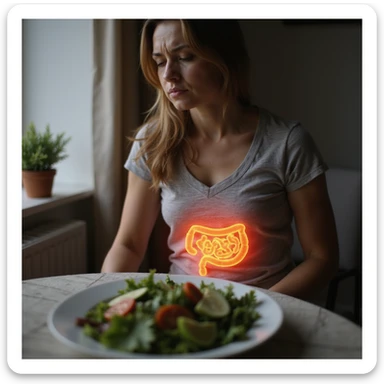 adult woman, photorealistic, intestinal pain, sitting at table with salad plate, intestine highlighted with glow effect, downcast expression, natural light, kitchen background sticker