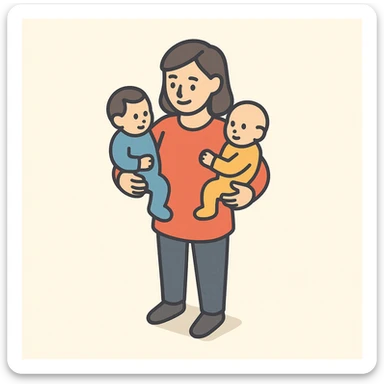 a mother standing and holding two babies, one on each arm, smiling, 2D isometric illustration style sticker