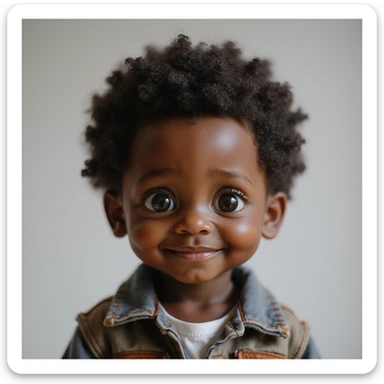 a small realistic black boy with a friendly expression and natural features, lifelike details, natural skin tone, detailed face sticker