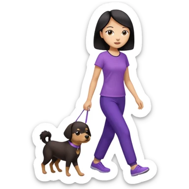 black hair Chinese woman wearing purple top and black pants walking one small brown dog sticker