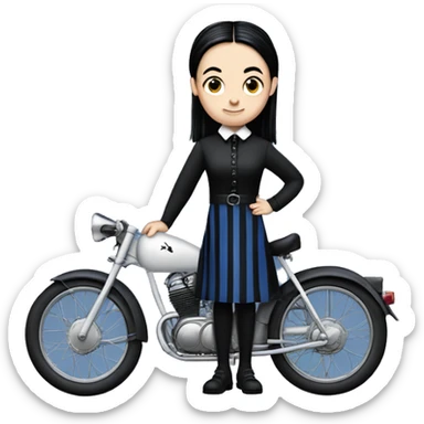Wednesday Addams from academy in a blue and black vertically-striped classic dress. riding hot rod bikes with crows sticker