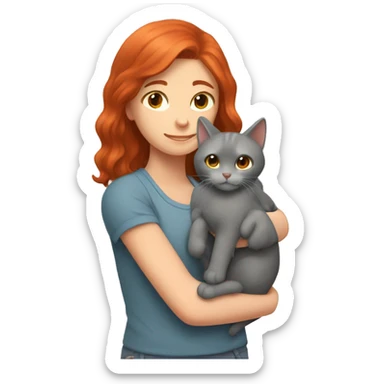 A gray cat in the arms of a red-haired girl sticker