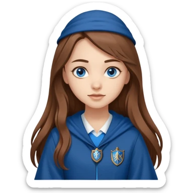 gorgeous Girl with light skin, blue eyes, long brown hair, wears a ravenclaw outfit sticker