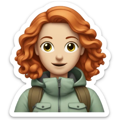 White woman with long red hair and grey-green eyes snowboarding sticker