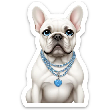 White French bulldog with blue eyes making a sad face and wearing a Chanel necklace sticker