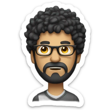 angry men with black curly hair and beard with golden glasses working on computer sticker