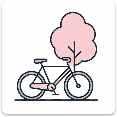 A pink and gray flat illustration of a bicycle leaning against a tree. sticker