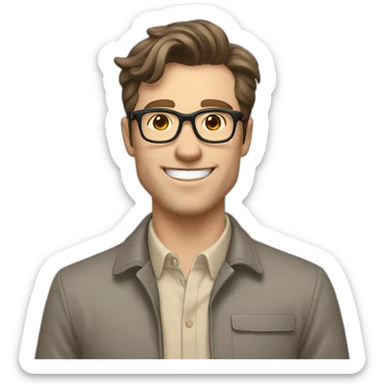 Joyful Pale skinned Fit Man With dark brown hair in gray jacket, beige office shirt, Brown pants and vintage glasses. His thrumbs up sticker