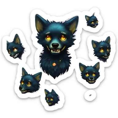 Black iridescent fluffy dog fox head zombie skull skeleton gold mechanical nebula galaxy stars colorful flowers fairy lights vintage sticker