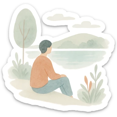 A tranquil self-care setting with a person sitting by a lake, surrounded by nature sticker