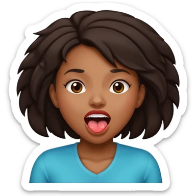 Black Girl with dark brown hair with mouth open and tongue out shaking her head sticker