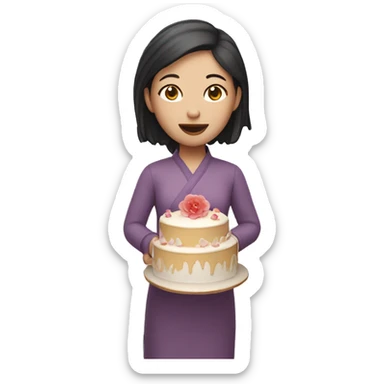 Chinese woman holding a cake, her skin is white. sticker