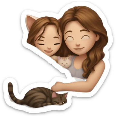 Pale girl with long brown hair cuddle with tabby cat in bed sticker