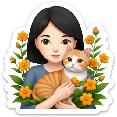 A black-haired girl happily holds a Ginger British Shorthair Cat in the flowers sticker