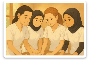 Four nursing students collaborating together in a warm and collaborative atmosphere, all with long hair tied back, bare forearms and arms, wearing white short-sleeve medical tunic-style tops resembling t-shirts with V-neck collars, no buttons, left chest pocket, no collars, no stethoscopes, no fabric extending beyond sleeves. Multiple variations of the scene with a soft Ghibli-inspired background. sticker