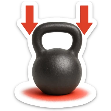 realistic kettlebell with red arrows pointing down and red zone under the weight, isolated on white background sticker
