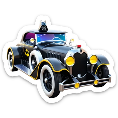 Mad max luxurious survival apocalypse ghostly sporty antique electric Darth Vader’s Batman-armored 1926 black graphite colored enclosed twin seat town coupe Batmobile with horizontal holographic 3d stars painted on the body sides and neon underglow  sticker