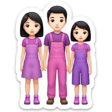 A short boy with black hair in pink overalls standing next to a really tall girl in a purple dress sticker