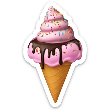 pink ice cream with rainbow sprinkles, chocolate sauce, and one cherry on top in a cone sticker