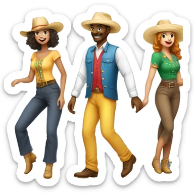 casal dançando usando chapéu de palha e roupas coloridas em festa country sticker