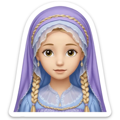 
mujer, Joven, de 25 aspecto dulce y elegante.
Piel clara, ojos grandes y expresivos, sonrisa triste.
Rubio o castaño claro, largo, con trenzas o velo.
Vestido largo cubriendole los zapatos, çde tonos suaves (blanco, azul o lavanda), con bordados dorados; toca fina cubriendo la cabeza. sticker