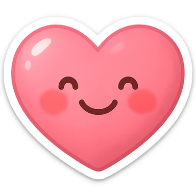 a cute pink heart emoji, shiny, with a smiling face, blushing cheeks sticker