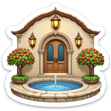 3D Apple-style emoji of a full traditional Turkish han. Rounded stone building with arched wooden doors and windows, small courtyard, fountain, arches, and hanging lanterns. Glossy, smooth, soft shadows, clean white background.






 sticker